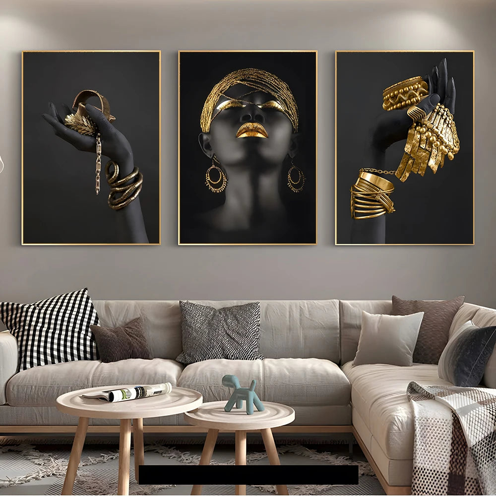 African Woman Home Background Wall Art Canvas Painting Gold And Silver Jewelry In Hand Poster Prints Pictures Room Decor Murals