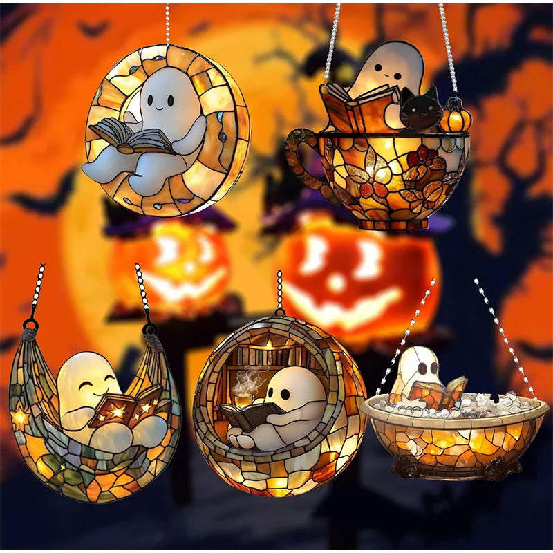 Halloween Ghost Reading Book Hanging Decor Acrylic Window Hanging Ornament Garden Decoration Props Halloween Party Decoration