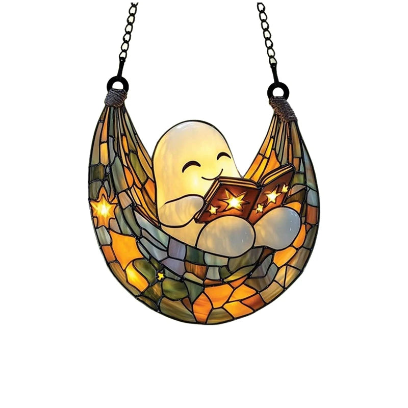 Halloween Ghost Reading Book Hanging Decor Acrylic Window Hanging Ornament Garden Decoration Props Halloween Party Decoration