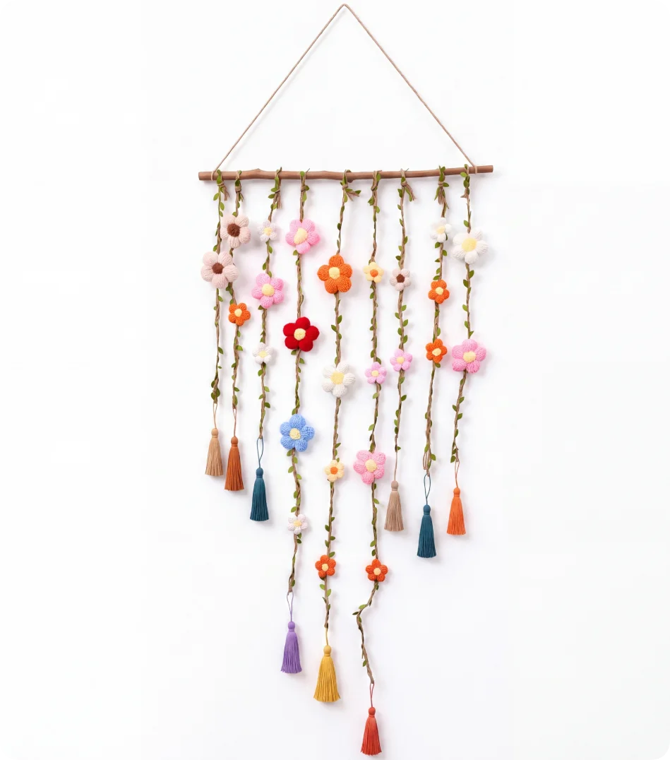 Boho Handmade Cotton Floral Crochet Macrame Hanging Decoration for Wall Indoors Or Porch Natural Linen Look Mellow Ambiance