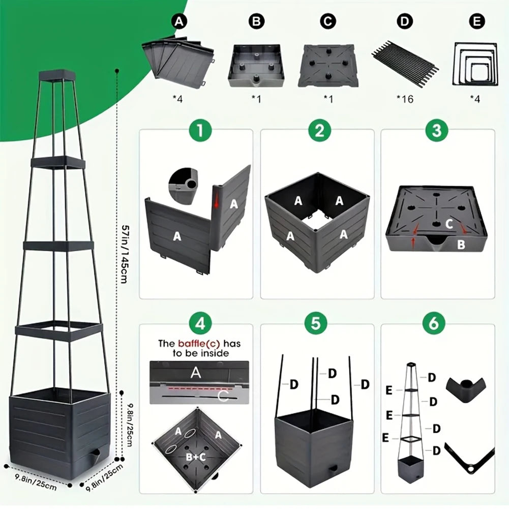 4 Tier Planter Stake Tower with Trellis Garden Planter Box Plant Pot Raised Garden Bed for Climbing Plant Vegetables Fruit Flowe