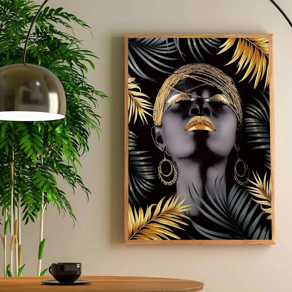 1PC Modern Black Gold African Woman Portrait Poster Paper Print Home Living Room Bedroom Entrance Bar Restaurant Cafe Art
