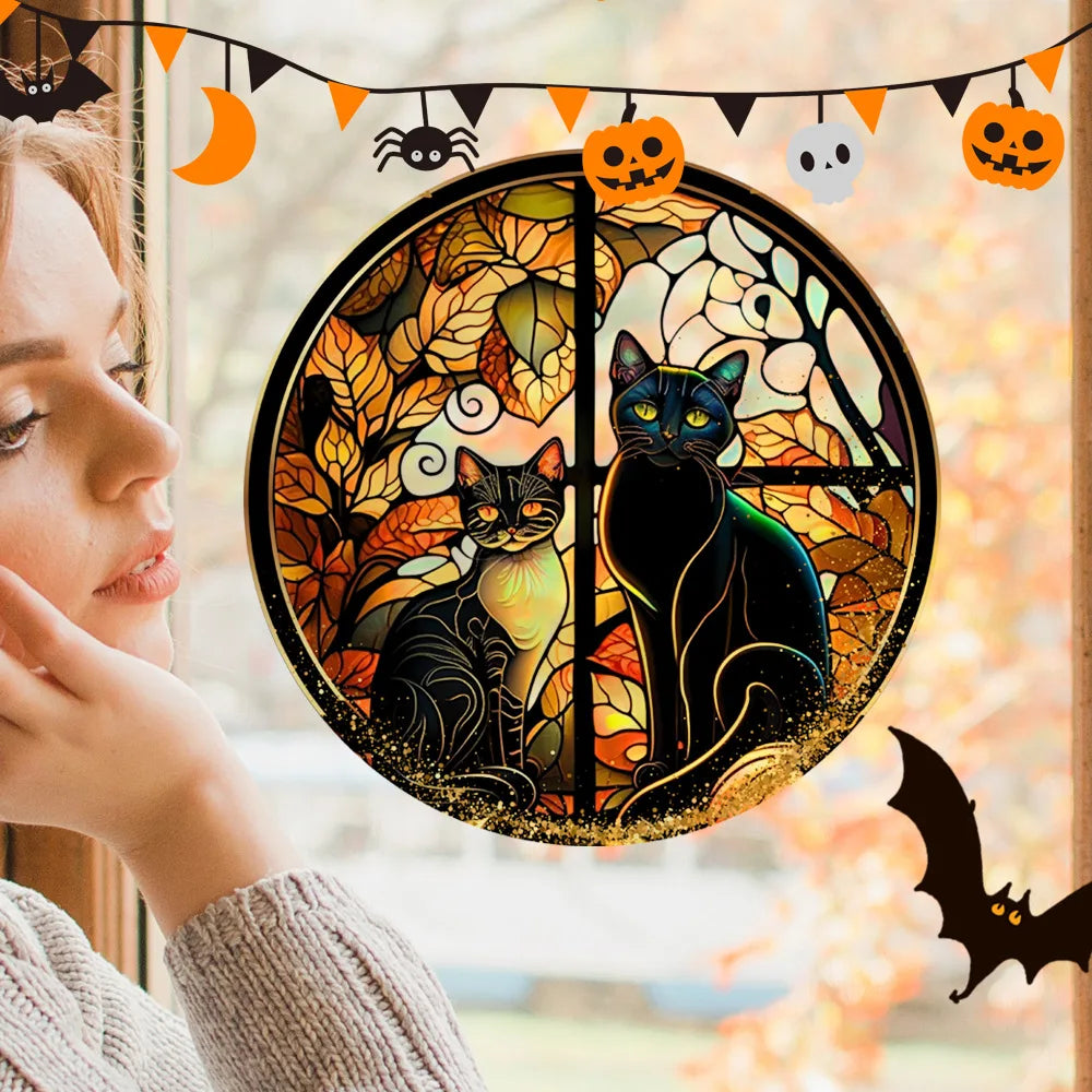 Halloween PVC Static Glass Stickers Scary Castle Cat Glass Stickers Non Adhesive Removable Party Home Decorations