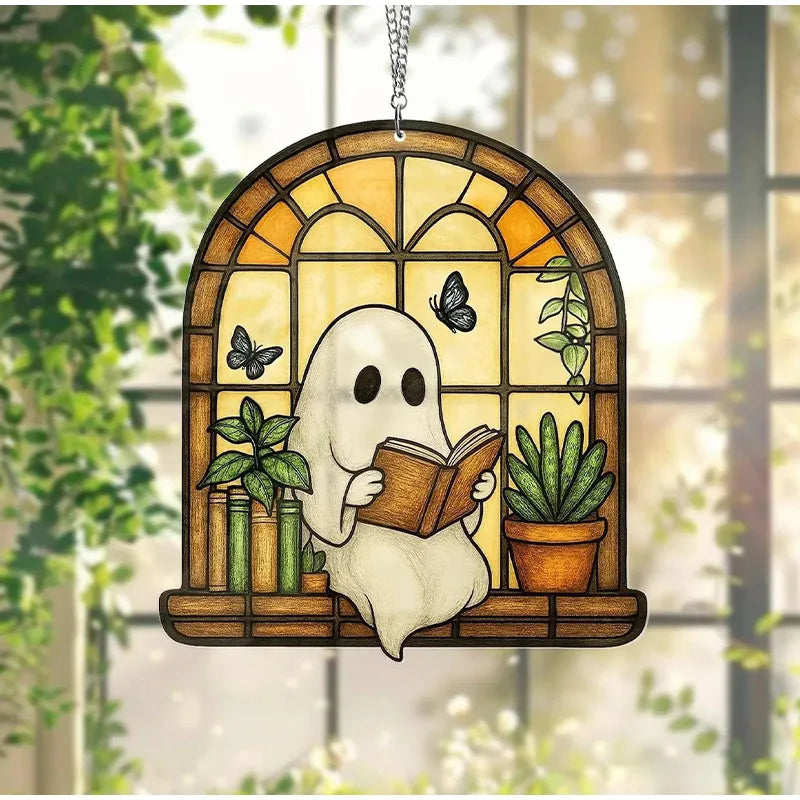 Halloween Ghost Reading Book Hanging Decor Acrylic Window Hanging Ornament Garden Decoration Props Halloween Party Decoration