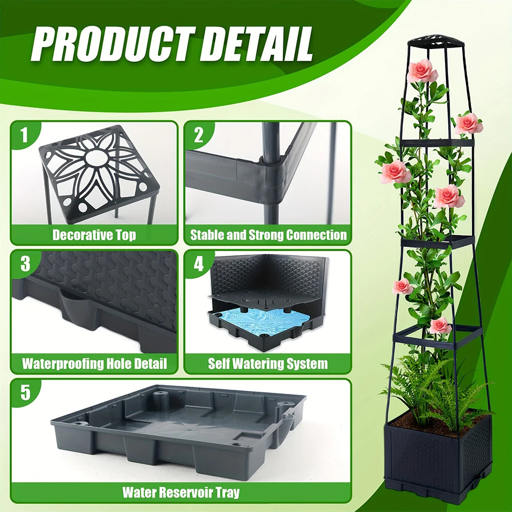 4 Tier Planter Stake Tower with Trellis Garden Planter Box Plant Pot Raised Garden Bed for Climbing Plant Vegetables Fruit Flowe
