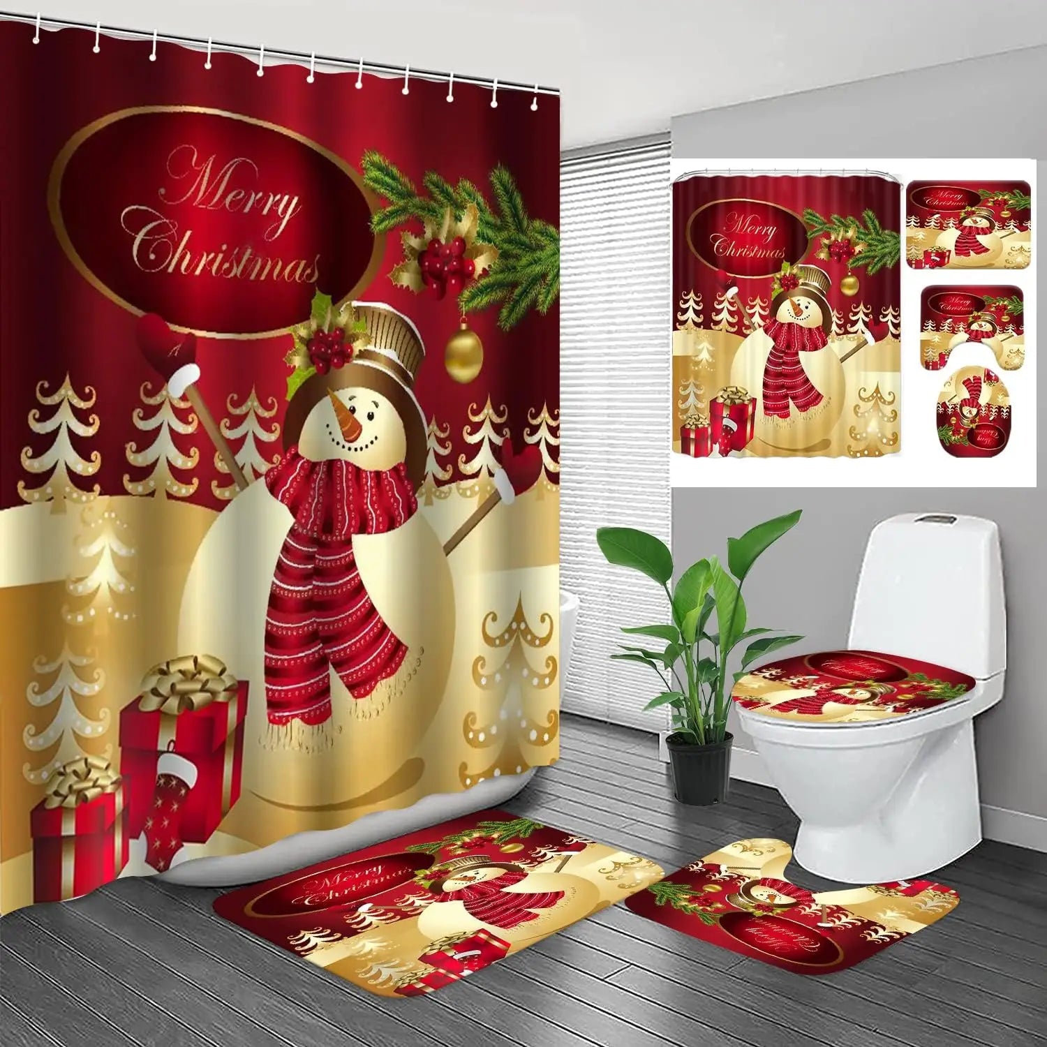 Christmas SnowmanprintingLinenShowerCurtainWaterproofBathCurtainsForBathroomBathtubLargeBathingCoverwithHooks