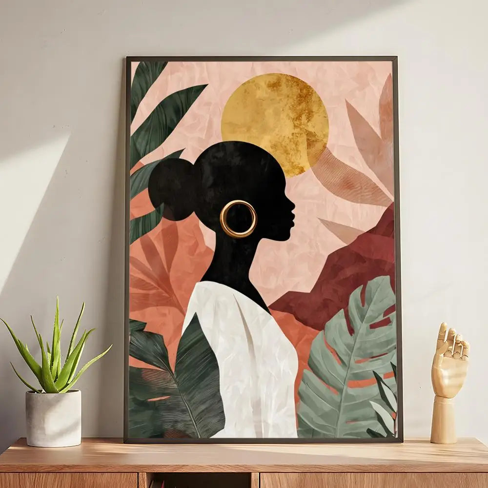 Abstract african woman flower leaves Poster Modern and Elegant Wall Stickers for Home Decor Living Room Dormitory Wall Art