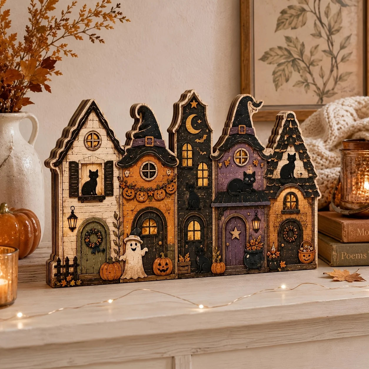 Multi layer retro wooden village sign - suitable for Halloween, Christmas, Easter desktop decoration, including pumpkin house