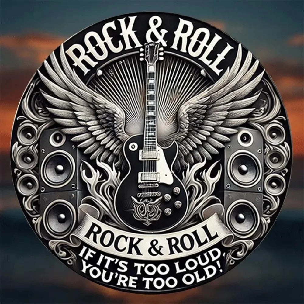 Round 2D Flat Vintage Metal Sign - Rock & Roll Guitar Band Design in Black with Wings Headphones - Perfect for Home Bar Cafe