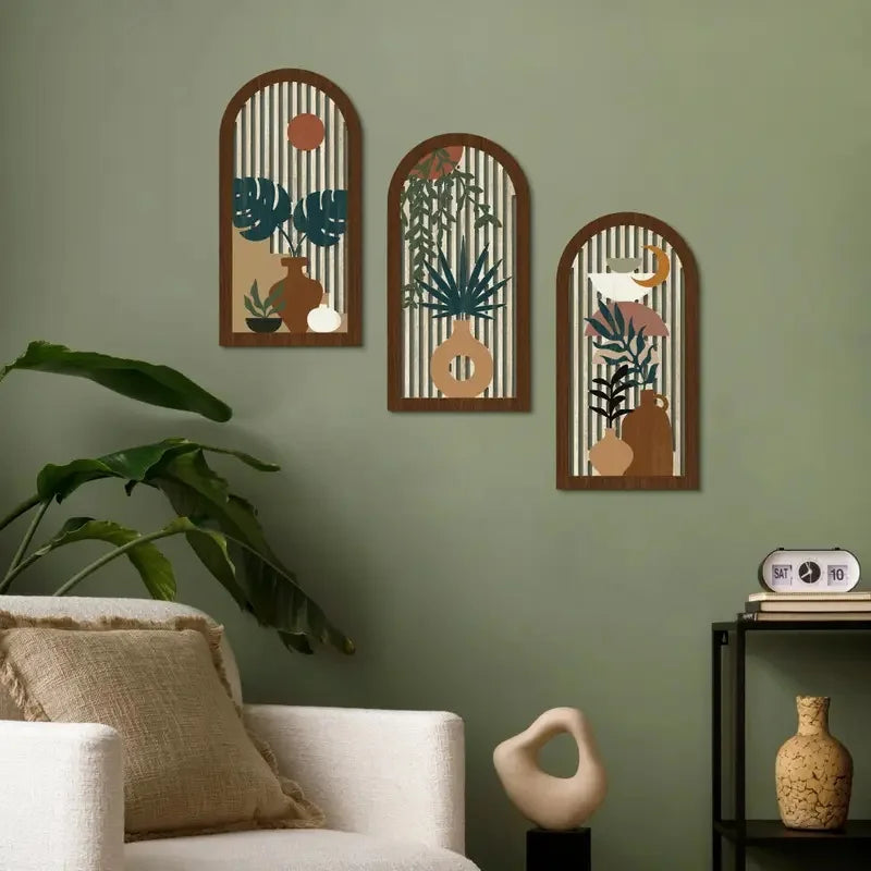 3pcs Wooden Wall Art Boho Modern Decor Hollow Crafted with Vases Plants & Banana Leaves for Home Office