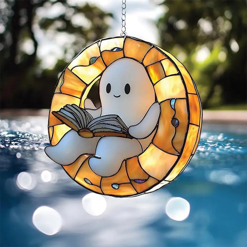 Halloween Ghost Reading Book Hanging Decor Acrylic Window Hanging Ornament Garden Decoration Props Halloween Party Decoration