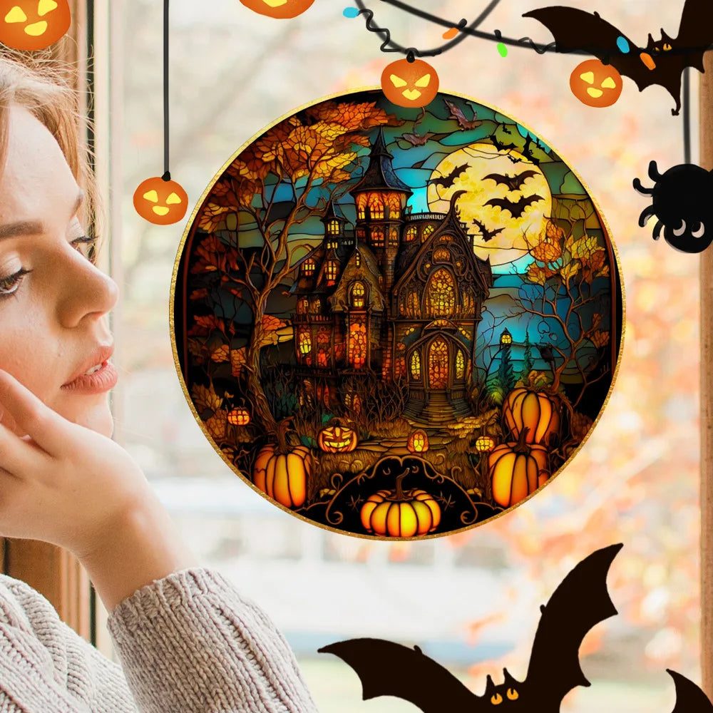 Halloween PVC Static Glass Stickers Scary Castle Cat Glass Stickers Non Adhesive Removable Party Home Decorations