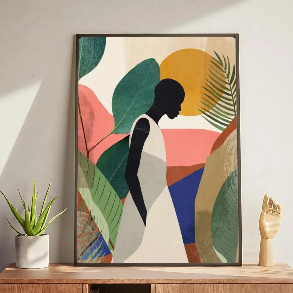 Abstract african woman flower leaves Poster Modern and Elegant Wall Stickers for Home Decor Living Room Dormitory Wall Art