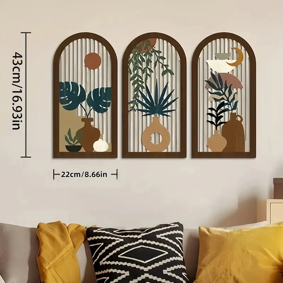 3pcs Wooden Wall Art Boho Modern Decor Hollow Crafted with Vases Plants & Banana Leaves for Home Office