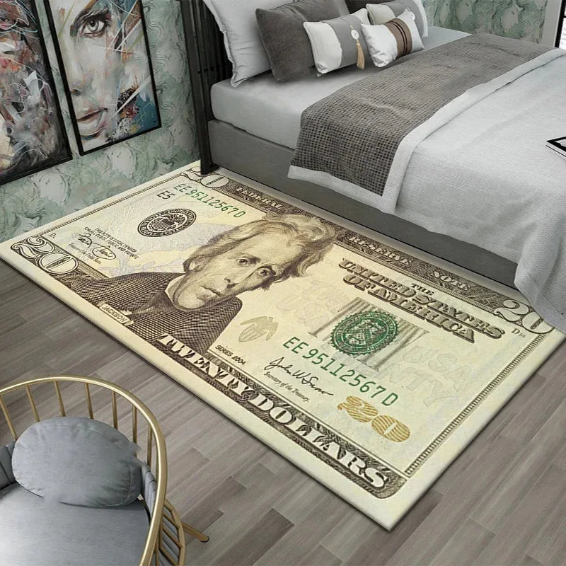 VIKAMA Creative Dollar Printed Carpet Anti-Slip Bedroom Side Rug Easy to Clean Game Room Dormitory Floor Mat Home Decoration
