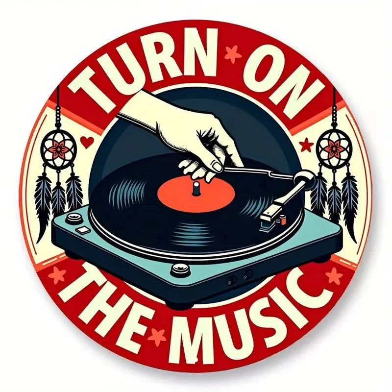 Round 2D Flat Vintage Metal Sign - Rock & Roll Guitar Band Design in Black with Wings Headphones - Perfect for Home Bar Cafe