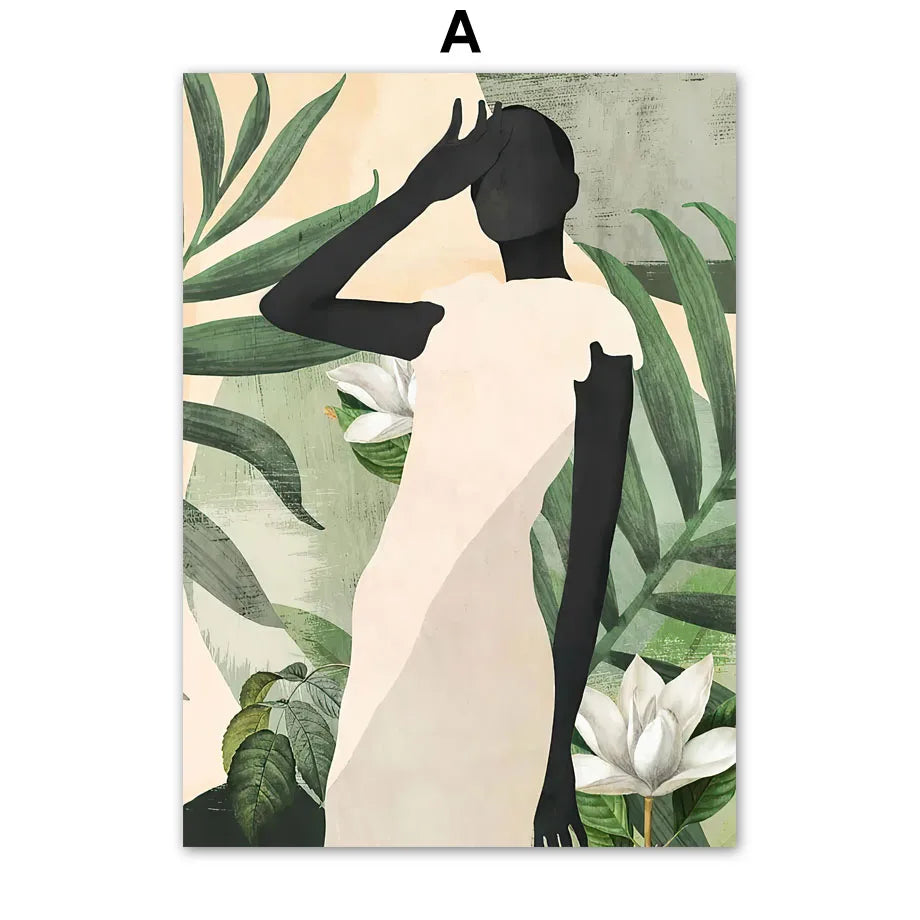 African Woman Abstract Leaves Wall Art Canvas Painting Nordic Black Girl Posters And Prints Pictures For Living Room Home Decor