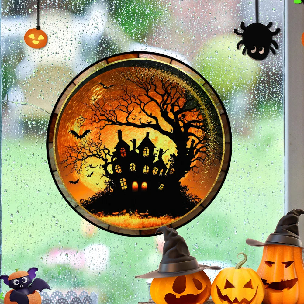 Halloween PVC Static Glass Stickers Scary Castle Cat Glass Stickers Non Adhesive Removable Party Home Decorations