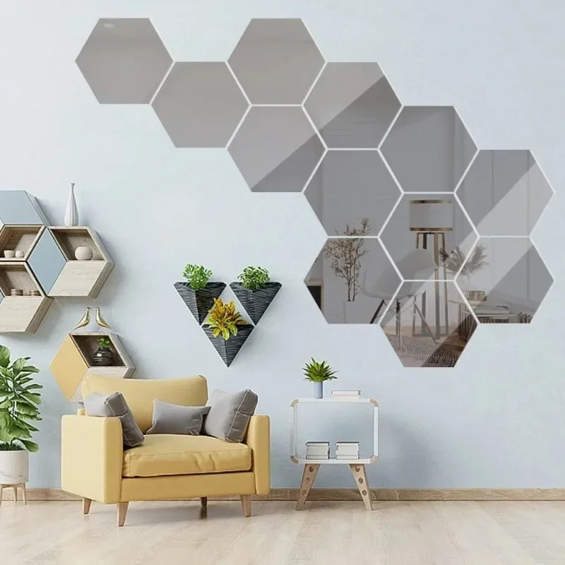 Hexagon Acrylic Mirror Wall Sticker Acrylic Adhesive Gold Silver Mosaic Tiles Removable DIY Bedroom Bathroom (5pcs)
