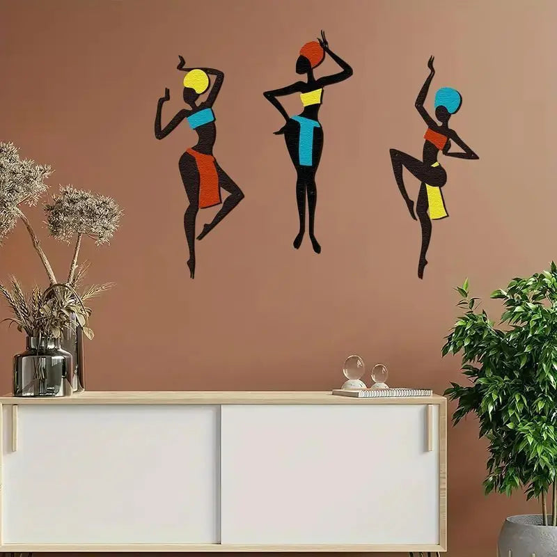 3 Pieces of African Metal Wall Art - Ethnic Dance Style Silhouette Art, Maximalist Hanging Decoration, Unique Wall Sculpture Gift, Geometric Patterns, Iron Material, Horizontal Orientation, Suitable for Living Room, Christmas