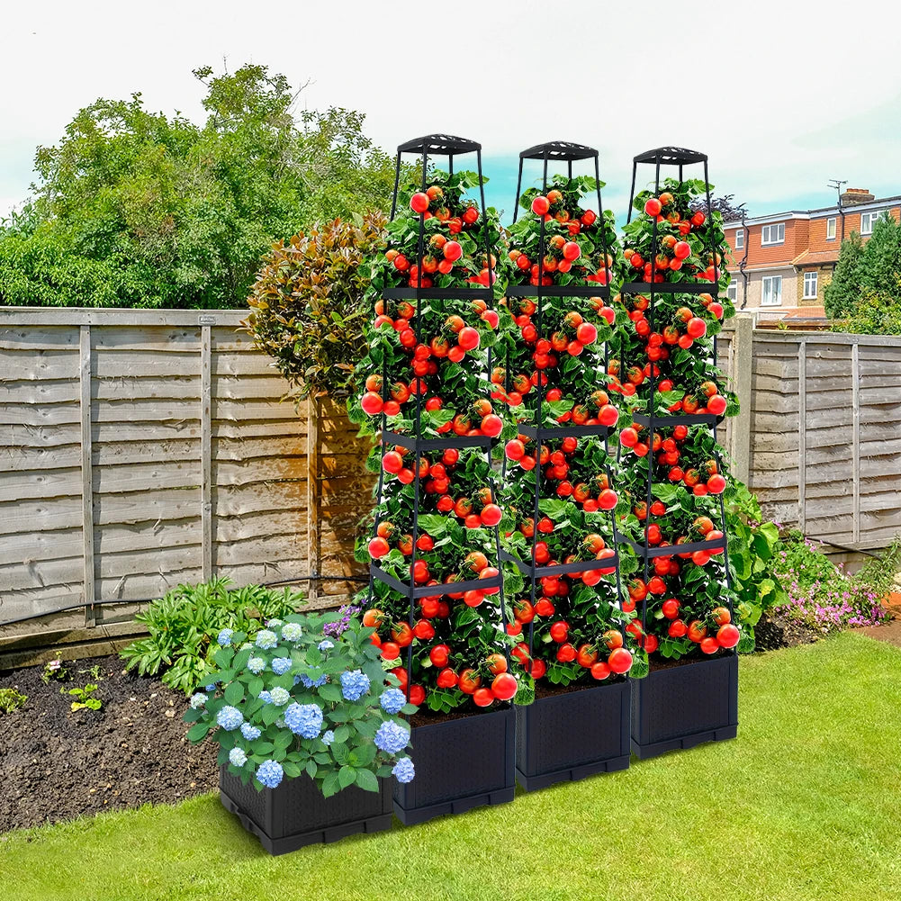 4 Tier Planter Stake Tower with Trellis Garden Planter Box Plant Pot Raised Garden Bed for Climbing Plant Vegetables Fruit Flowe
