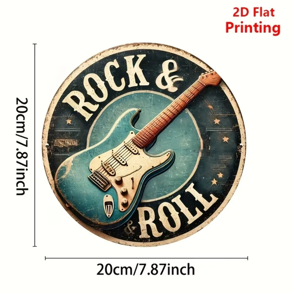 Round 2D Flat Vintage Metal Sign - Rock & Roll Guitar Band Design in Black with Wings Headphones - Perfect for Home Bar Cafe