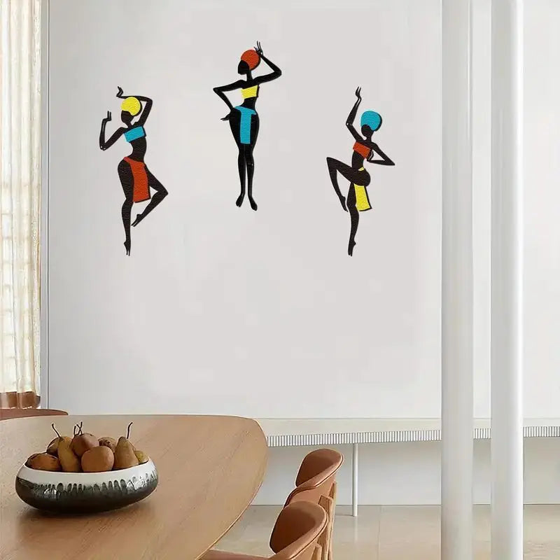 3 Pieces of African Metal Wall Art - Ethnic Dance Style Silhouette Art, Maximalist Hanging Decoration, Unique Wall Sculpture Gift, Geometric Patterns, Iron Material, Horizontal Orientation, Suitable for Living Room, Christmas