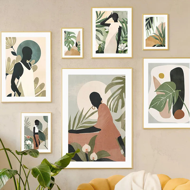 African Woman Abstract Leaves Wall Art Canvas Painting Nordic Black Girl Posters And Prints Pictures For Living Room Home Decor