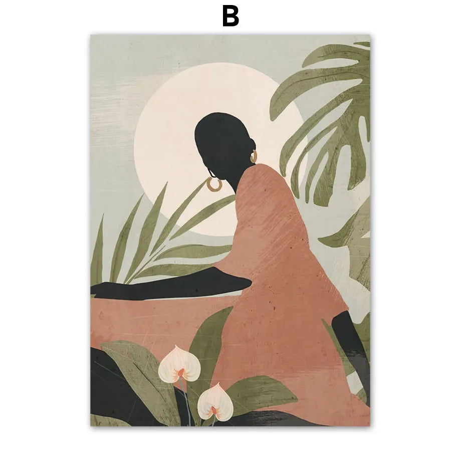 African Woman Abstract Leaves Wall Art Canvas Painting Nordic Black Girl Posters And Prints Pictures For Living Room Home Decor