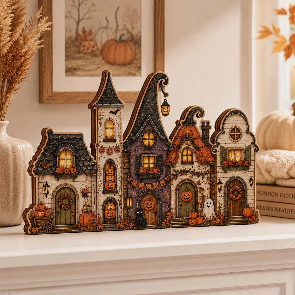 Multi layer retro wooden village sign - suitable for Halloween, Christmas, Easter desktop decoration, including pumpkin house
