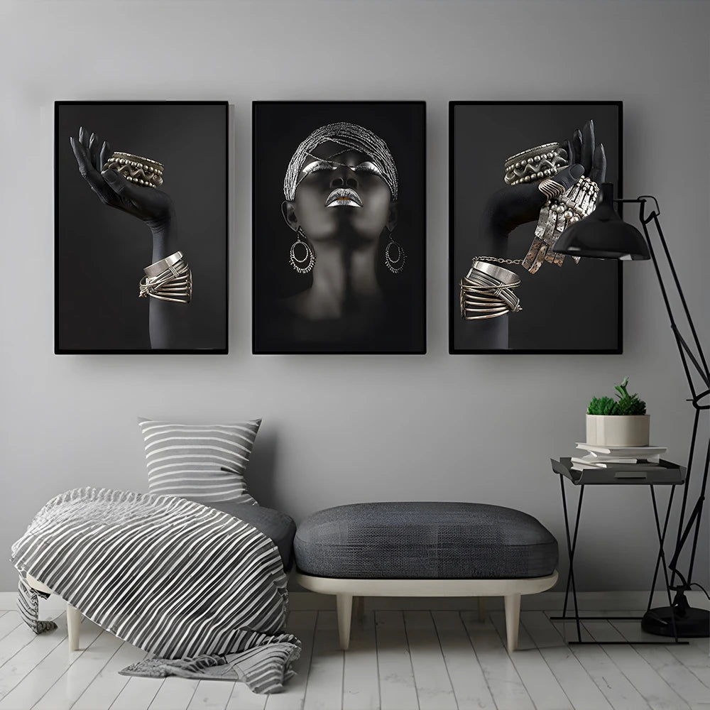 African Woman Home Background Wall Art Canvas Painting Gold And Silver Jewelry In Hand Poster Prints Pictures Room Decor Murals