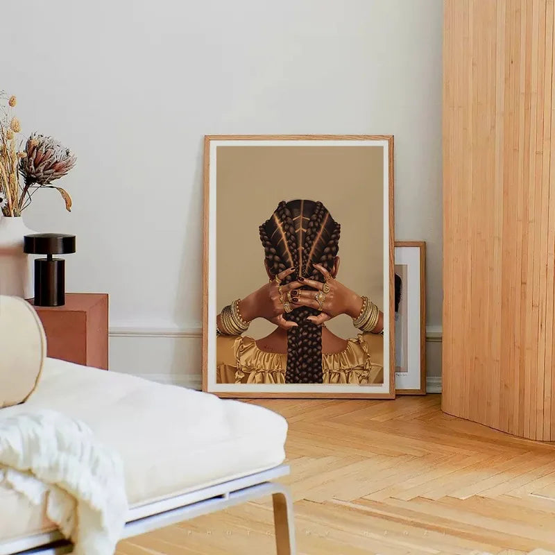 African American Black Woman Poster Cool Girl Hairstyle and Gold Jewelry Canvas Painting Wall Art for Living Room Home Decor