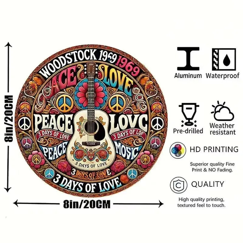 Round 2D Flat Vintage Metal Sign - Rock & Roll Guitar Band Design in Black with Wings Headphones - Perfect for Home Bar Cafe