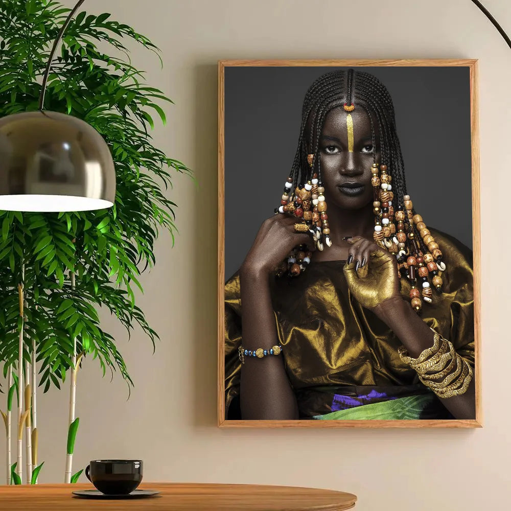 1PC Modern Black Gold African Woman Portrait Poster Paper Print Home Living Room Bedroom Entrance Bar Restaurant Cafe Art