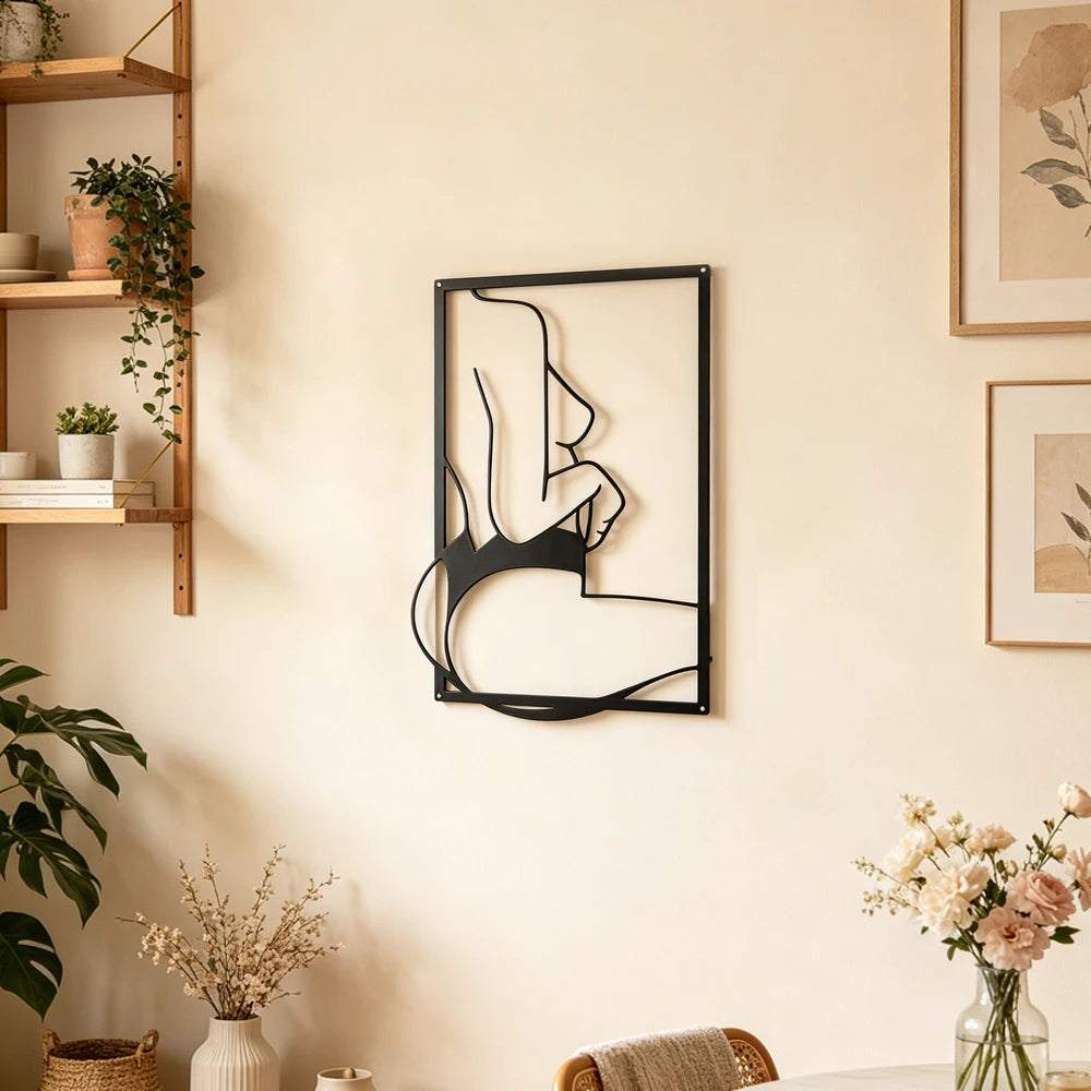 1pc Black Modern Metal Wall Art Female Line Drawing Abstract Hanging Decor for Farmhouse Bathroom Home Decoration
