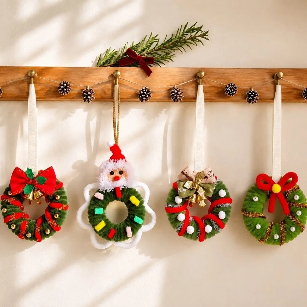 Small Size Christmas Mini Wreath Vibrant Colors Handmade Craft Holiday Hanging Pendant Bow Ribbon Lightweight