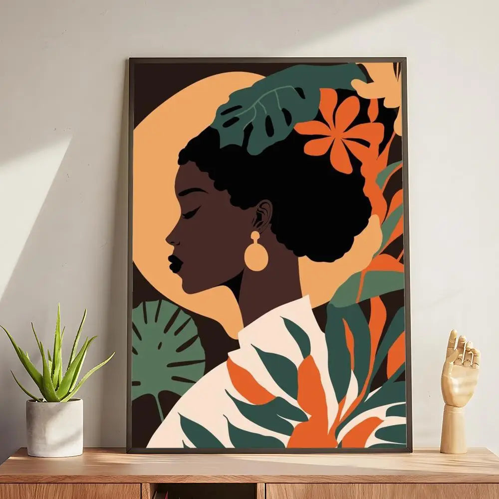 Abstract african woman flower leaves Poster Modern and Elegant Wall Stickers for Home Decor Living Room Dormitory Wall Art