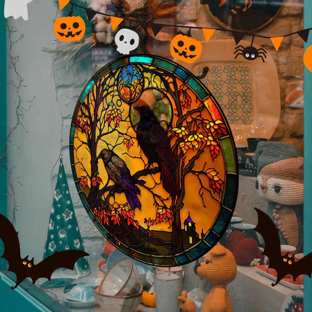 Halloween PVC Static Glass Stickers Scary Castle Cat Glass Stickers Non Adhesive Removable Party Home Decorations