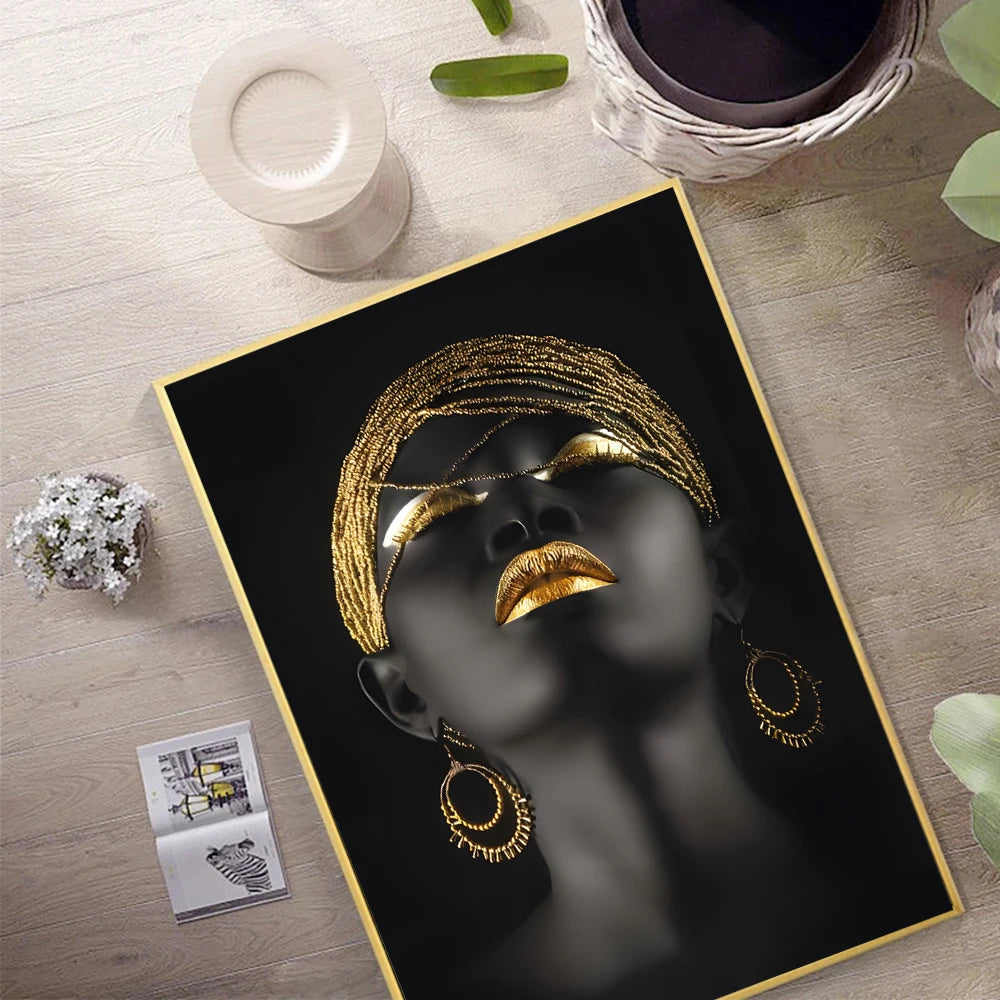 African Woman Home Background Wall Art Canvas Painting Gold And Silver Jewelry In Hand Poster Prints Pictures Room Decor Murals