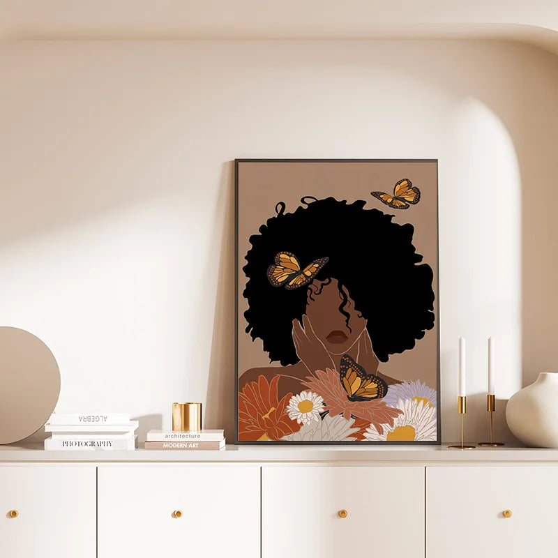African Woman Flower Head Black Canvas Wall Art Books and Yoga Pictures Home Living Room Decor Boho Artwork Fashion Print Poster