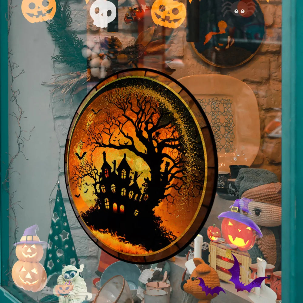 Halloween PVC Static Glass Stickers Scary Castle Cat Glass Stickers Non Adhesive Removable Party Home Decorations