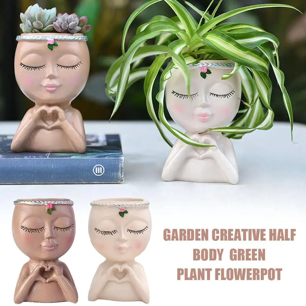 Creativity Flower Pot Resin Girl Face Planter With Drainage Hole Cute Unique Desktop Succulent Planter For Indoor Outdoor Decor