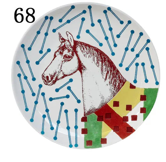 Eastern Horse Decorative Plate Plant Bird Parrot Illustration Dish Round Ceramic Tray for Home Decoration Luxury Porcelain Craft