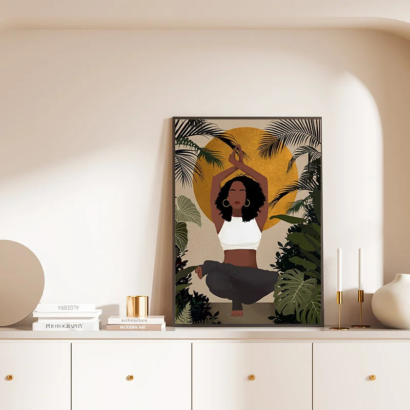African Woman Flower Head Black Canvas Wall Art Books and Yoga Pictures Home Living Room Decor Boho Artwork Fashion Print Poster