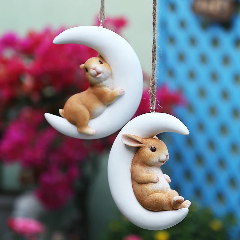 Resin Handicraft Ornaments Cartoon Pendant Garden Courtyard Hanging Decoration Moon Rabbit Home Furnishing