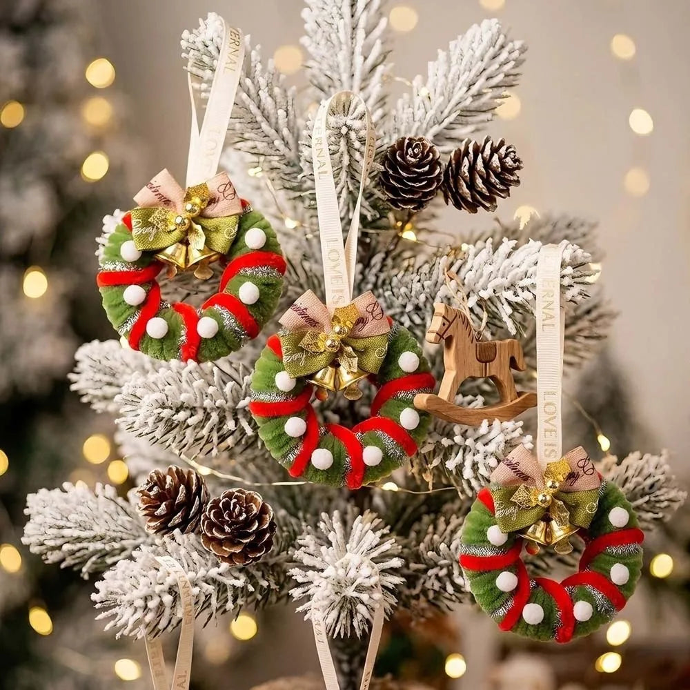 Small Size Christmas Mini Wreath Vibrant Colors Handmade Craft Holiday Hanging Pendant Bow Ribbon Lightweight