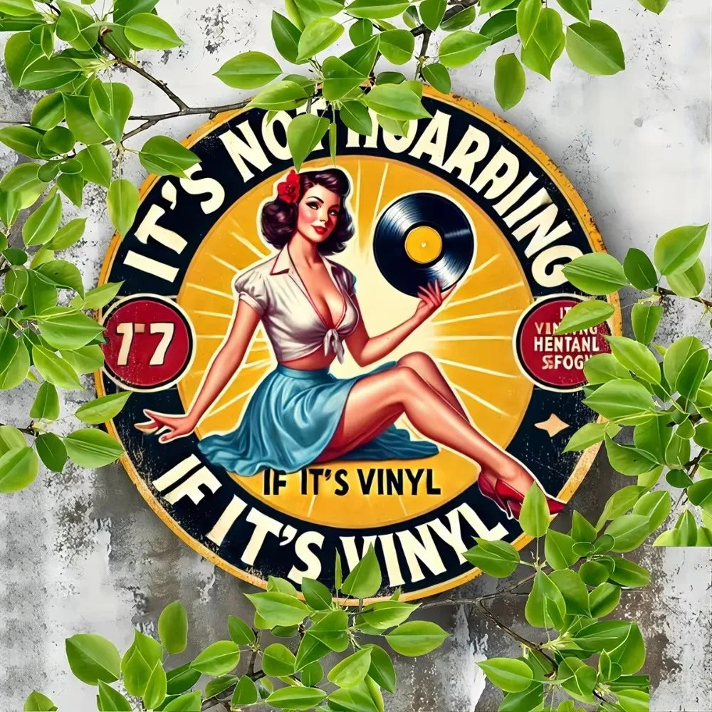 Round 2D Flat Vintage Metal Sign - Rock & Roll Guitar Band Design in Black with Wings Headphones - Perfect for Home Bar Cafe