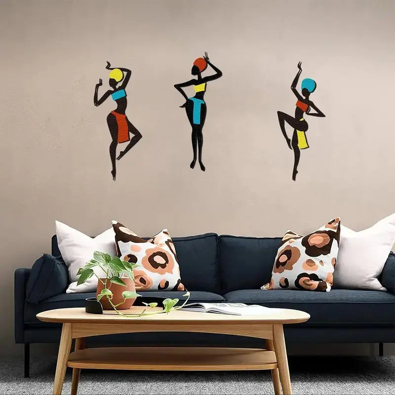 3 Pieces of African Metal Wall Art - Ethnic Dance Style Silhouette Art, Maximalist Hanging Decoration, Unique Wall Sculpture Gift, Geometric Patterns, Iron Material, Horizontal Orientation, Suitable for Living Room, Christmas
