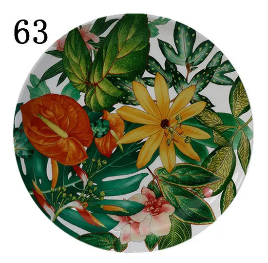 Eastern Horse Decorative Plate Plant Bird Parrot Illustration Dish Round Ceramic Tray for Home Decoration Luxury Porcelain Craft