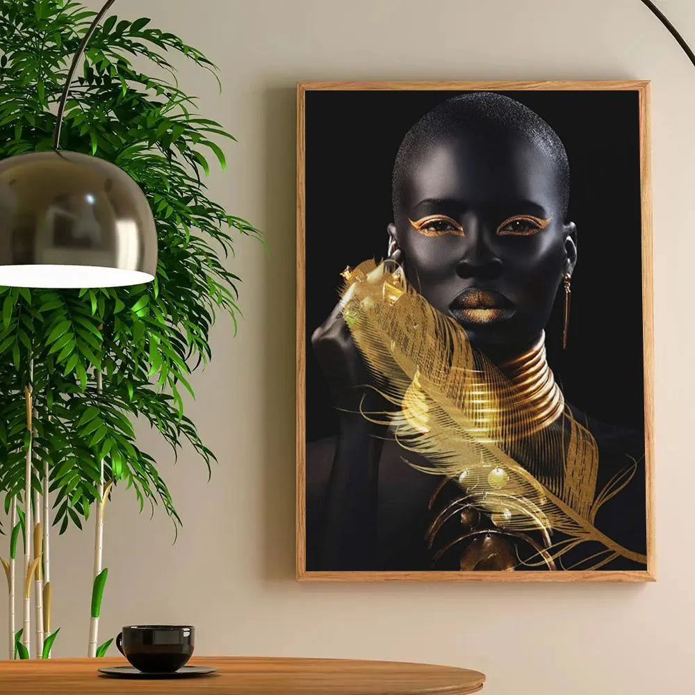 1PC Modern Black Gold African Woman Portrait Poster Paper Print Home Living Room Bedroom Entrance Bar Restaurant Cafe Art